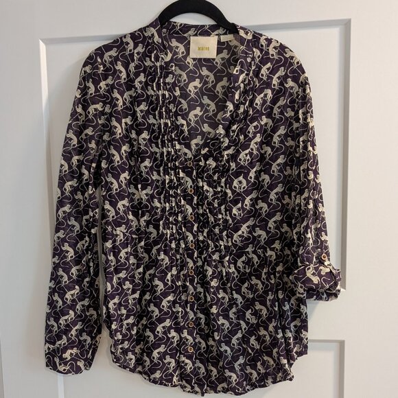 Anthropologie Cotton Button-Up Purple Patterned Blouse - Picture 4 of 8